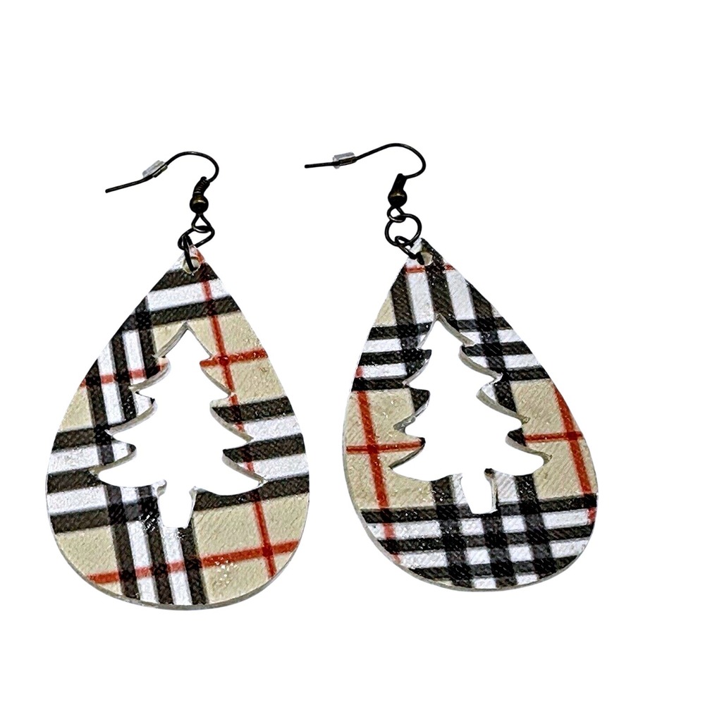 Handmade New Christmas Tree Earrings Plaid Teardrop Dangle Holiday Festive‎